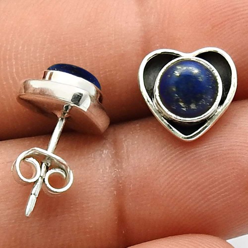 Lapis Lazuli Gemstone Jewelry 925 Fine Sterling Silver Heart Stud Earrings X4