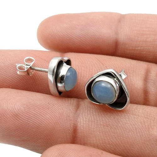 Chalcedony Gemstone Heart Stud Earrings 925 Sterling Silver Fine Jewelry E5