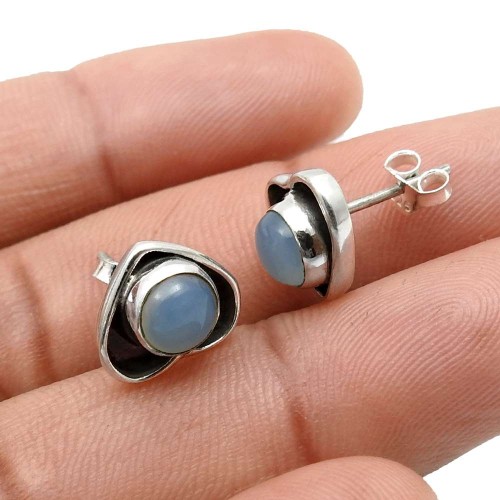 Chalcedony Gemstone Heart Stud Earrings 925 Sterling Silver Fine Jewelry F5