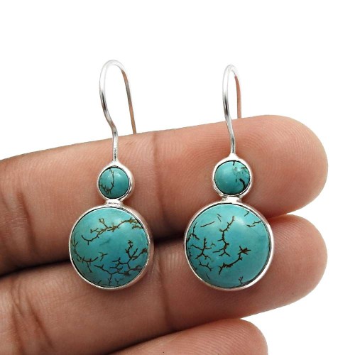 Girls Gift Round Turquoise Gemstone Earrings 925 Sterling Silver Jewelry Q1