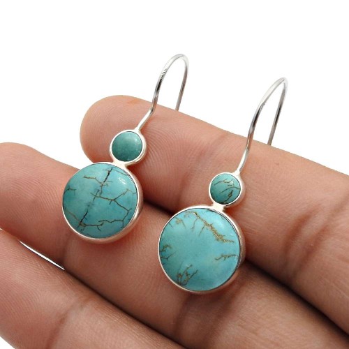 Round Turquoise Gemstone Earrings 925 Sterling Silver Handmade Jewelry R1