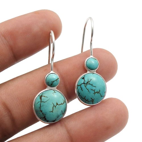 925 Sterling Silver Jewelry Round Turquoise Gemstone Fine Earrings S1