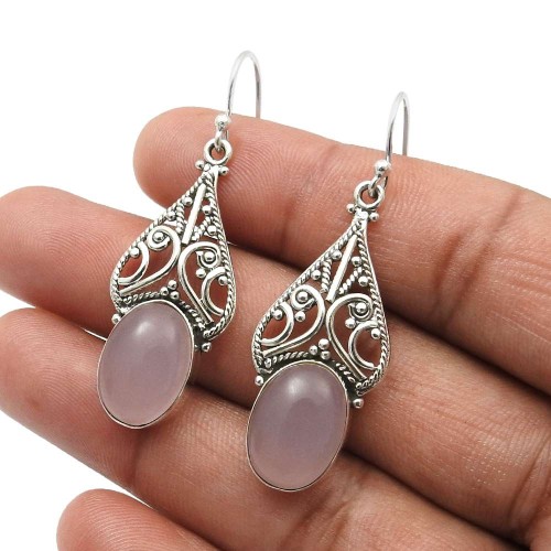 For Women Rose Quartz Gemstone Jewelry 925 Fine Silver Earrings B3