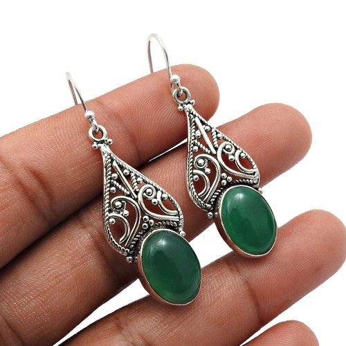 925 Sterling Silver Jewelry Oval Green Onyx Gemstone Earrings For Women E3