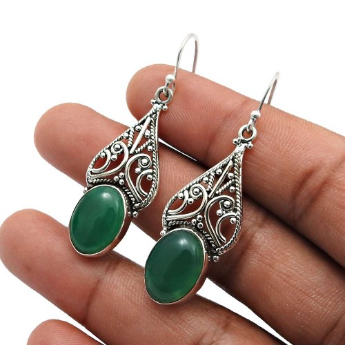 Oval Green Onyx Gemstone Jewelry For Girls 925 Sterling Silver Earrings F3