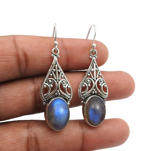 925 Sterling Silver Jewelry Oval Labradorite Gemstone Earrings For Women G2