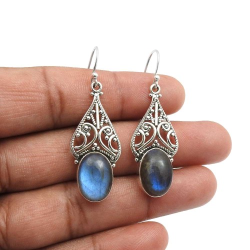 Labradorite Gemstone Earrings For Women 925 Sterling Silver Fine Jewelry K2
