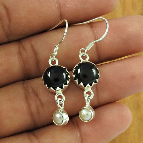 Handy 925 Sterling Silver Black Onyx Pearl Gemstone Earring Ethnic Jewellery