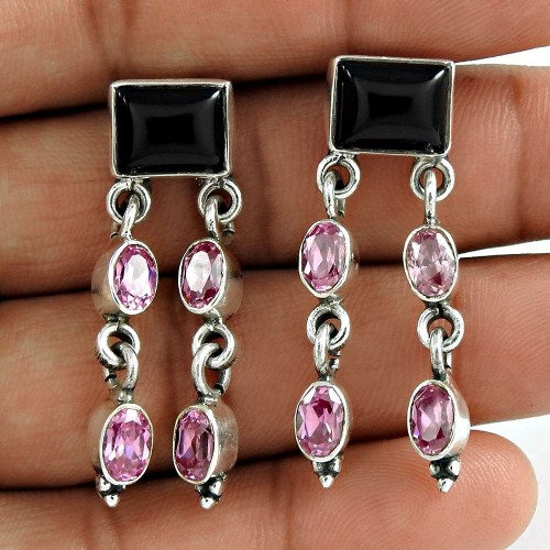 925 Sterling Silver Jewellery Fashion Black Onyx, Pink CZ Gemstone Earrings