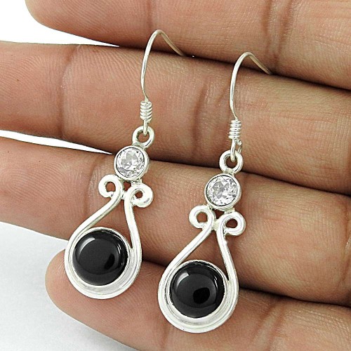 925 Sterling Silver Indian Jewellery Beautiful Black Onyx, Crystal Gemstone Earrings