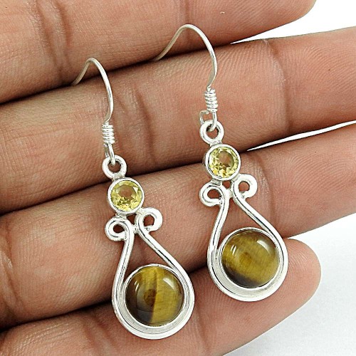 Magnificent !! Tiger Eye, Citrine Gemstone Sterling Silver Earrings Jewellery Fabricant