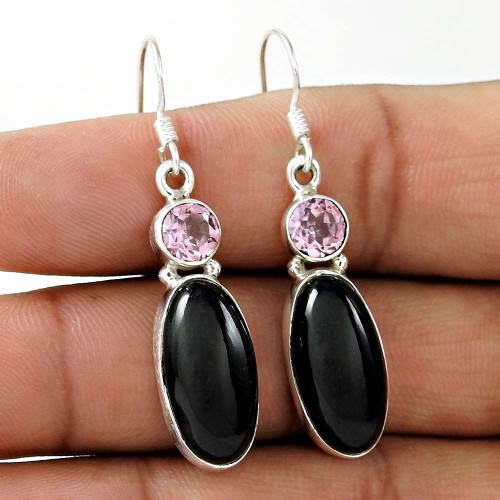 Stunning !! Black Onyx, Pink CZ Gemstone Sterling Silver Earrings Jewellery Supplier