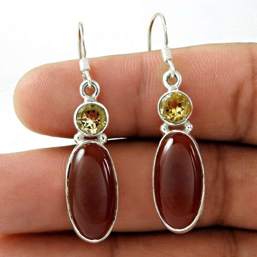 Handcrafted !! Red Onyx, Citrine Gemstone Sterling Silver Earrings Jewellery Manufacturer