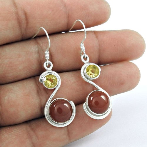 Lively !! Red Onyx, Citrine Gemstone Sterling Silver Earrings Jewellery Wholesaler India