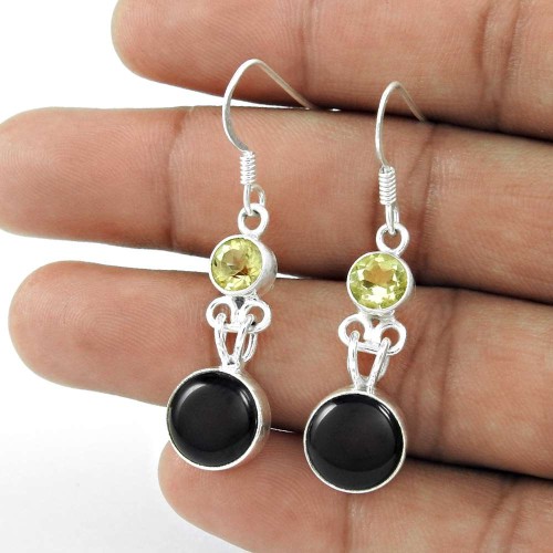 925 Sterling Silver Fashion Jewellery Charming Black Onyx, Lemon Topaz Gemstone Earrings