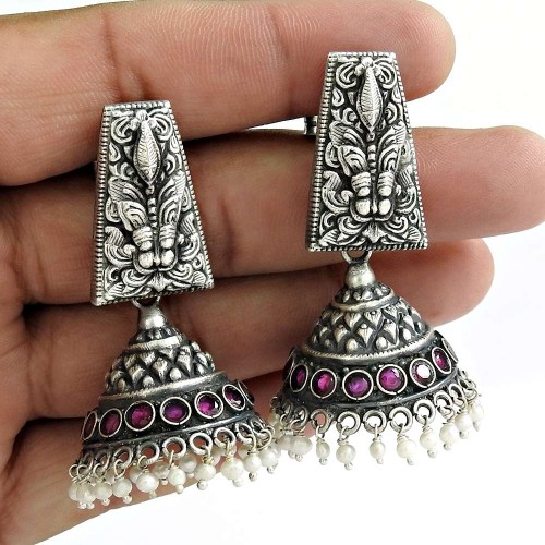 Rare 925 Oxidized Sterling Silver Pearl Ruby Gemstone Earring Ethnic Jewelry Exporter India