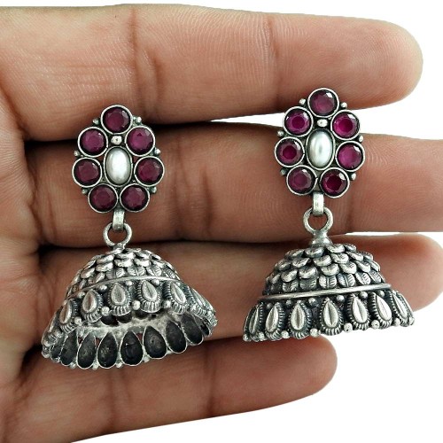 Fashion 925 Oxidized Sterling Silver Pearl Ruby Gemstone Earring Antique Jewelry