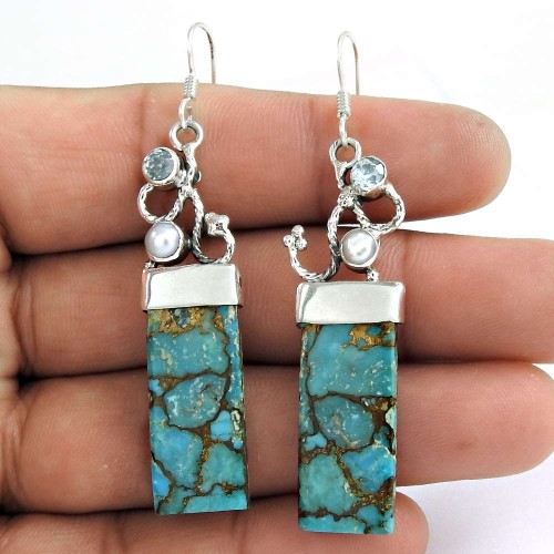 Stunning !! 925 Sterling Silver Blue Copper Turquoise, South Sea Pearl, Blue Topaz Earrings Fabricant