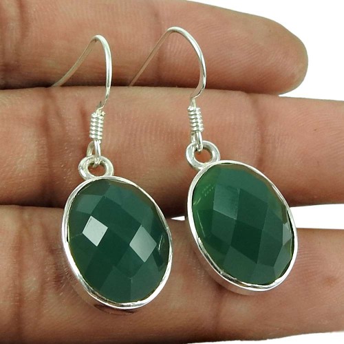 925 Sterling Silver Vintage Jewellery Ethnic Green Onyx Gemstone Earring