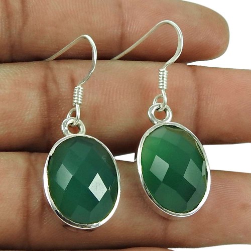Charming 925 Sterling Silver Green Onyx Gemstone Earrings