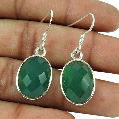 Lovely 925 Sterling Silver Green Onyx Gemstone Earrings