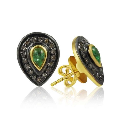 Gorgeous !! 925 Sterling Silver Diamond, Emerald Stud Earrings Wholesale Price