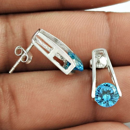 Elegant Blue CZ Gemstone Sterling Silver Stud Earrings Jewellery Wholesale