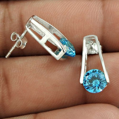 Interesting Blue CZ Gemstone Sterling Silver Stud Earrings Jewellery Manufacturer India