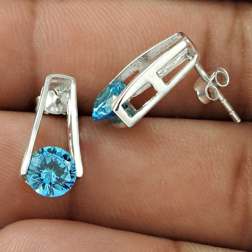 Ornate Blue CZ Gemstone Sterling Silver Stud Earrings Jewellery Grossiste