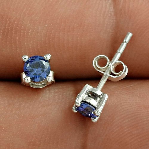 Delicate Light Dark Blue CZ Gemstone Sterling Silver Stud Earrings Jewellery Exporter India