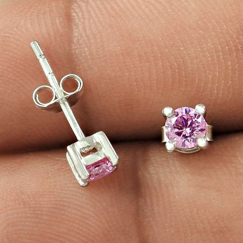 Engaging Pink CZ Gemstone Sterling Silver Stud Earrings Jewellery De gros