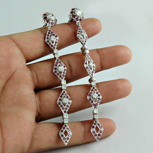 Antique Look 925 Sterling Silver Ruby CZ Gemstone Traditional Earring