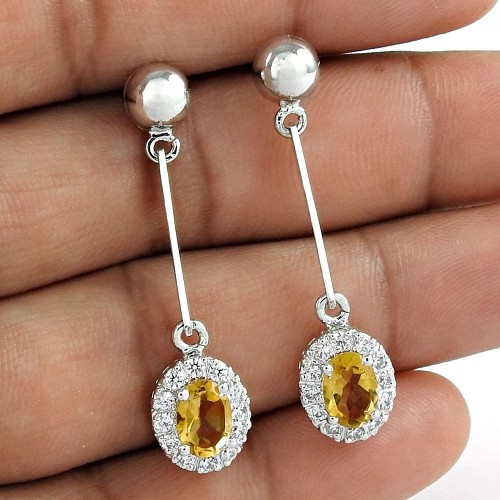 Attravtive Design Rhodium Plated Dangle 925 Sterling Silver Citrine With CZ Gemstone Earrings