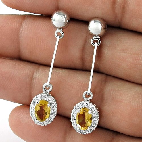 Engagement Gifts Citrine Gemstone With CZ 925 Sterling Silver Dangle Earrings