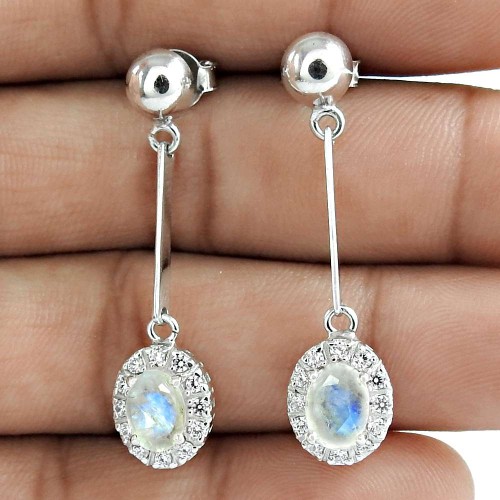 Well-Favoured Rhodium Plated 925 Sterling Silver Rainbow Moonstone CZ Gemstone Earring Jewelry