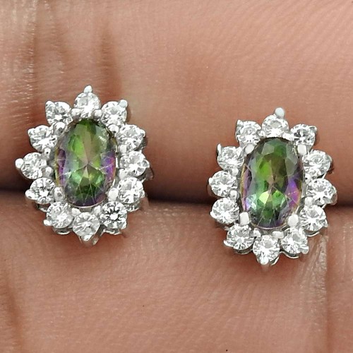 Lustrous Rhodium Plated 925 Sterling Silver Mystic, White C.Z Gemstone Earring Ethnic Jewelry B58