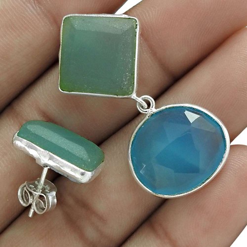 Chalcedony Gemstone 925 Sterling Silver Mismatched Earrings Fashion Jewelry