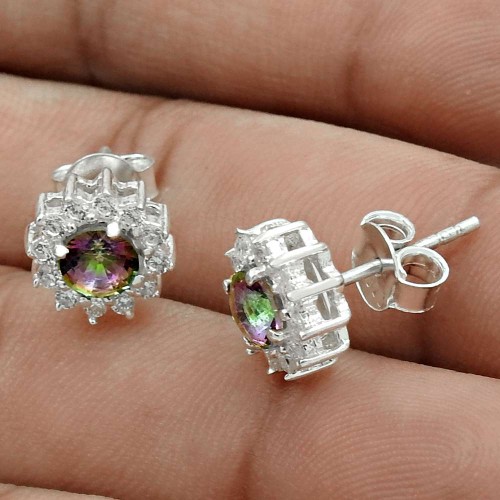 Pleasing Rhodium Plated 925 Sterling Silver Mystic, White C.Z Gemstone Earring Antique Jewelry B96