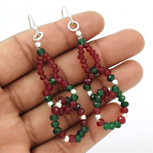 HANDMADE 925 Sterling Silver Jewelry Natural RUBY EMERALD Beaded Earring AQ8