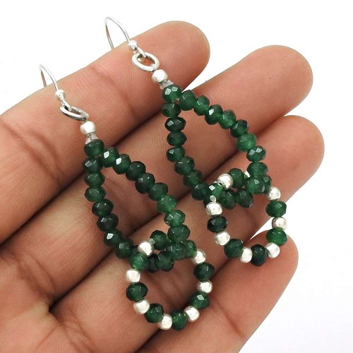 Natural EMERALD Gemstone Beaded Earring 925 Sterling Silver HANDMADE Jewelry AT5