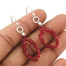 Natural RUBY Gemstone HANDMADE Jewelry 925 Sterling Silver Beaded Earring AT14