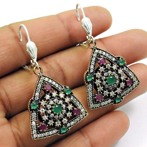 Emerald CZ Ruby Gemstone Earring 925 Sterling Silver Bohemian Jewelry D8