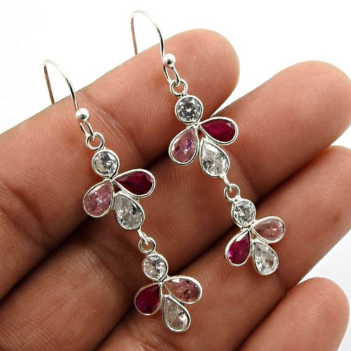 Pear Shape Pink Cz Ruby White Gemstone Earrings 925 Sterling Silver Jewelry I9