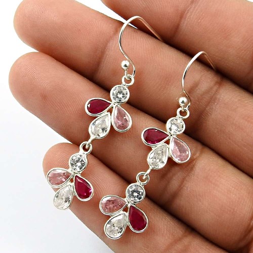 Pear Shape Pink Cz Ruby White Gemstone Earrings 925 Sterling Silver Jewelry J9