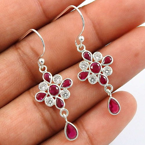 Ruby CZ White CZ Gemstone Earring 925 Sterling Silver Traditional Jewelry H25