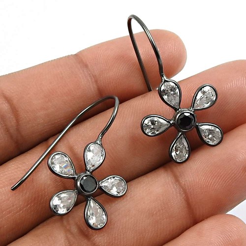 White CZ Black CZ Gemstone Earring Black Rhodium Plated 925 Sterling Silver Indian Jewelry C28