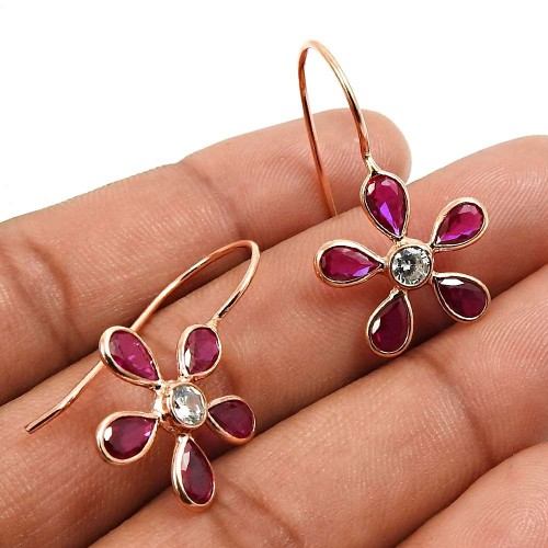 Rose Gold Plated 925 Sterling Silver Ruby CZ White CZ Gemstone Earring Tribal Jewelry D28