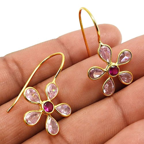 Gold Plated 925 Sterling Silver Pink CZ Ruby CZ Gemstone Earring Indian Jewelry F28