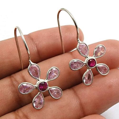 Pink CZ Ruby CZ Gemstone Earring 925 Sterling Silver Vintage Jewelry E27