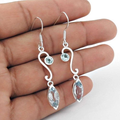 Good-Looking 925 Sterling Silver Blue Topaz Gemstone Dangle Earrings